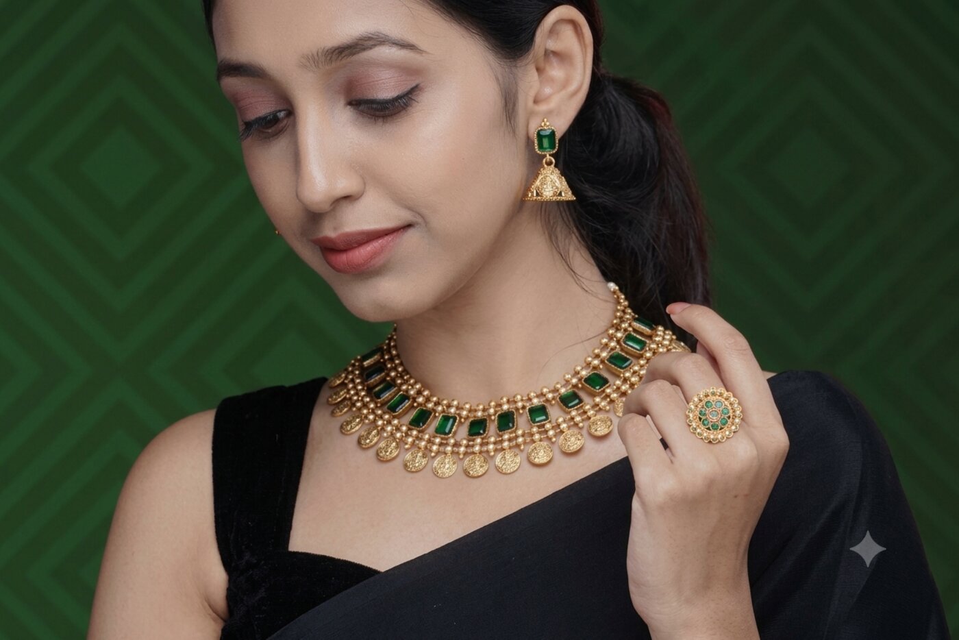 Model wearing a Thekkini Jewels necklace, earrings and ring set